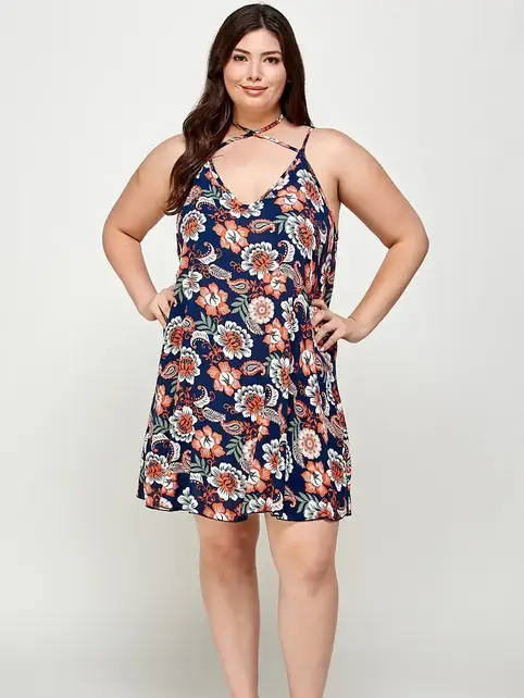Plus Size Floral Paisley Halter Dress - Navy
