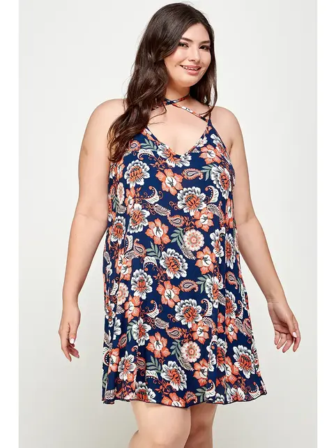 Plus Size Floral Paisley Halter Dress - Navy