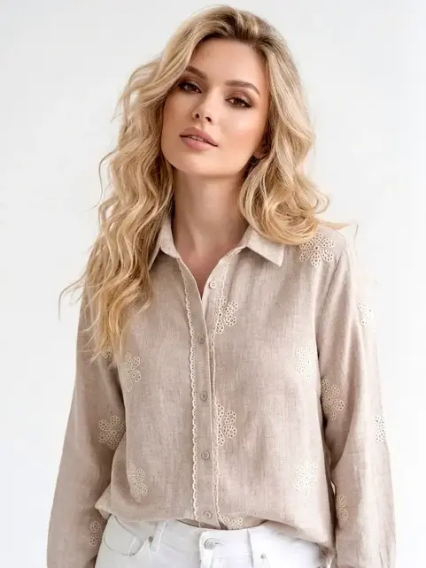 Sabill Embroidered Button Up - Beige