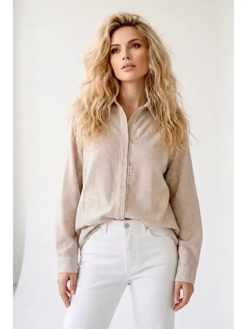 Sabill Embroidered Button Up - Beige