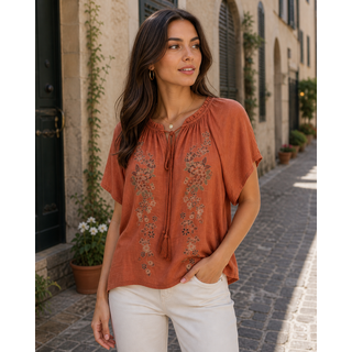 Nahla Embroidery Boho Blouse - Rust