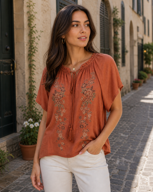 Nahla Embroidery Boho Blouse - Rust