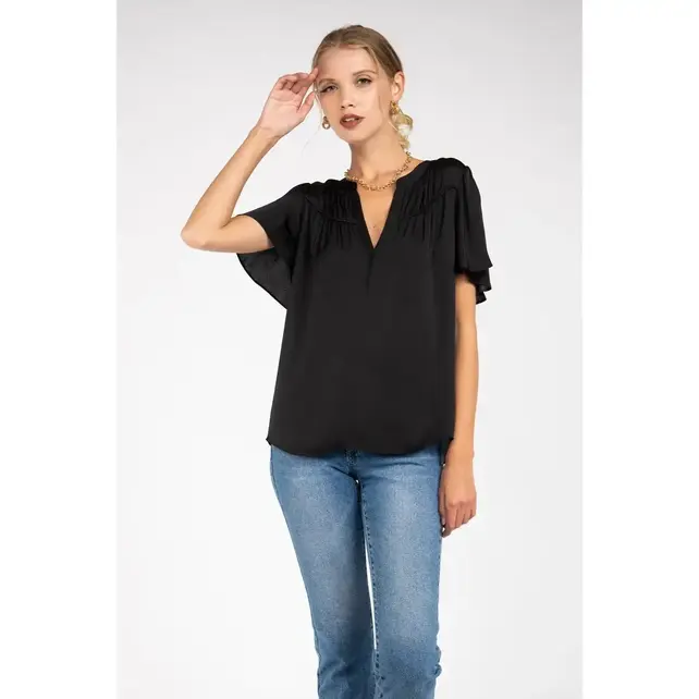 Nelly Shirring Blouse - Black