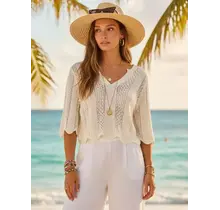 Scallop Hem Knit V-Neck Top - White