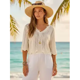 Scallop Hem Knit V-Neck Top - White