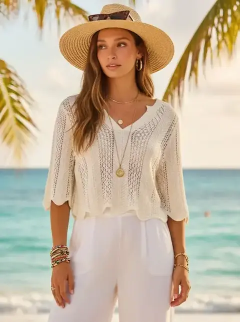 Scallop Hem Knit V-Neck Top - White