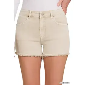 Washed Fray Hem Cotton Denim Shorts