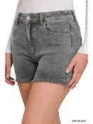 Washed Fray Hem Cotton Denim Shorts
