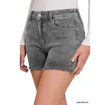 Washed Fray Hem Cotton Denim Shorts