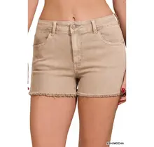 Washed Fray Hem Cotton Denim Shorts