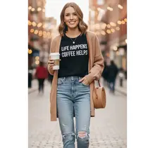 Life Happens Coffee Helps Graphic Tee - Black
