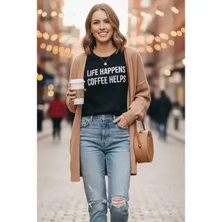 Life Happens Coffee Helps Graphic Tee - Black