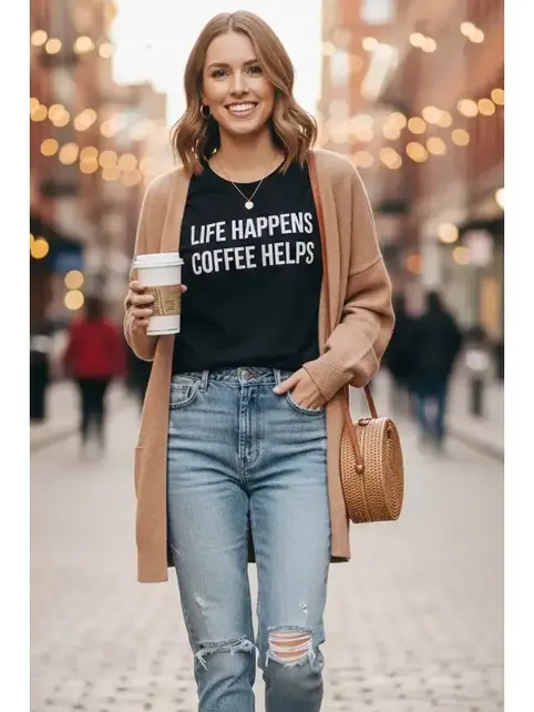 Life Happens Coffee Helps Graphic Tee - Black