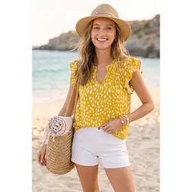 Tinna Ruffle Sleeve Spring Print Top - Yellow