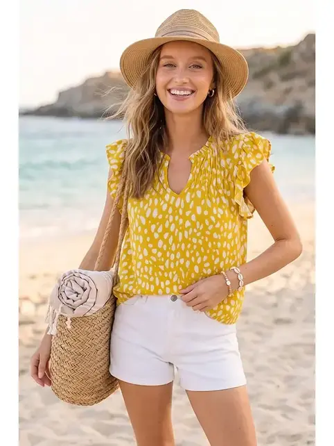 Tinna Ruffle Sleeve Spring Print Top - Yellow