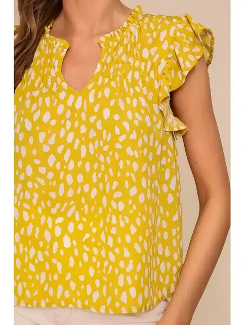 Tinna Ruffle Sleeve Spring Print Top - Yellow