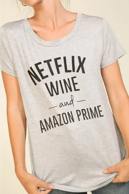 Netflix Wine and Amazon Prime Tee - Grey