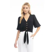 Nea 3/4 Balloon Sleeve Cropped Tie Waist Blouse - Black
