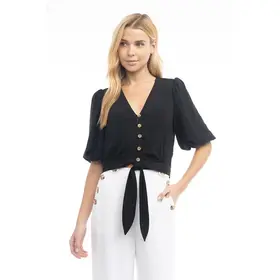 Nea 3/4 Balloon Sleeve Cropped Tie Waist Blouse - Black