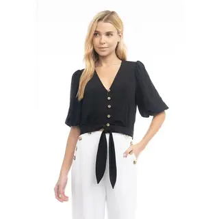 Nea 3/4 Balloon Sleeve Cropped Tie Waist Blouse - Black