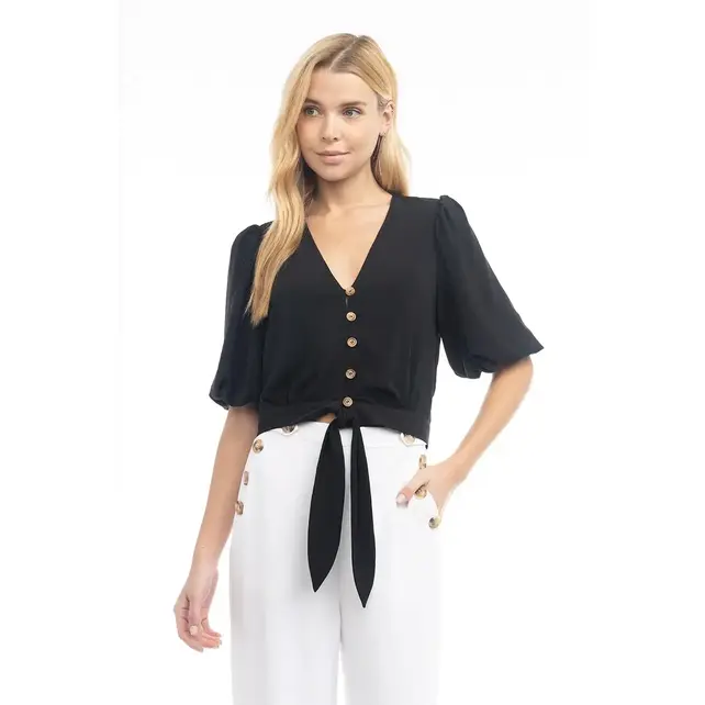 Nea 3/4 Balloon Sleeve Cropped Tie Waist Blouse - Black