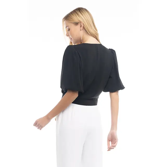 Nea 3/4 Balloon Sleeve Cropped Tie Waist Blouse - Black