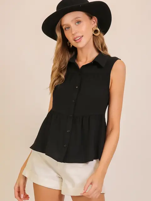 Tia Sleeveless Airflow Peplum Top - Black