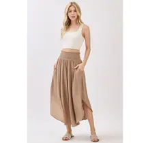 Smocked Waist Flowy Skirt - Taupe