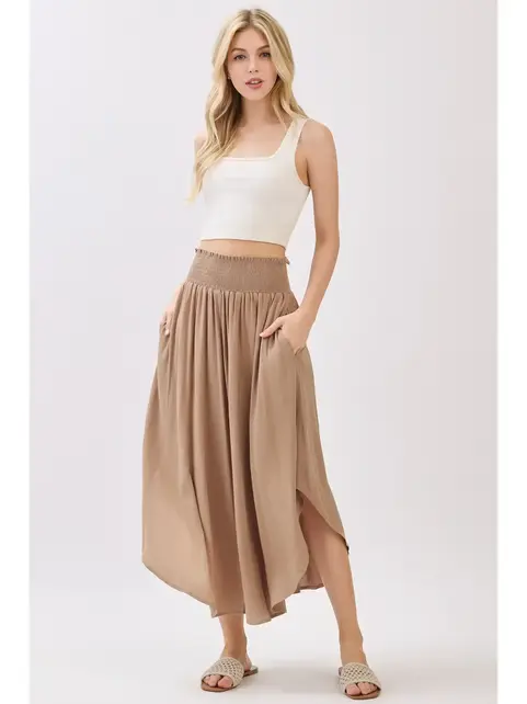 Smocked Waist Flowy Skirt - Taupe