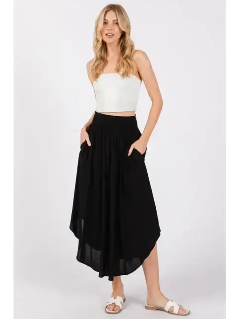 Smocked Waist Flowy Skirt - Black