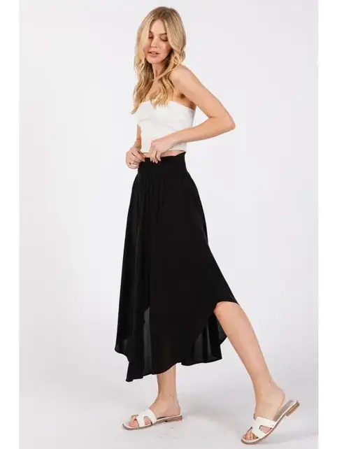 Smocked Waist Flowy Skirt - Black