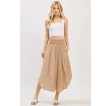 Smocked Waist Flowy Skirt - Khaki