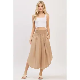 Smocked Waist Flowy Skirt - Khaki