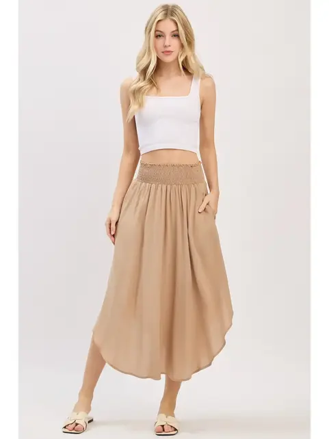 Smocked Waist Flowy Skirt - Khaki