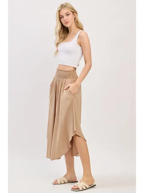 Smocked Waist Flowy Skirt - Khaki