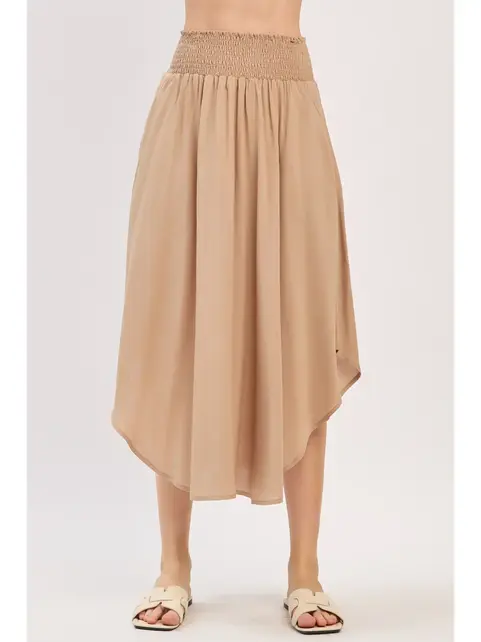 Smocked Waist Flowy Skirt - Khaki