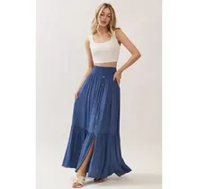 Ruffled Tiered Maxi Skirt - Denim Blue