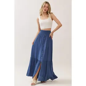 Ruffled Tiered Maxi Skirt - Denim Blue