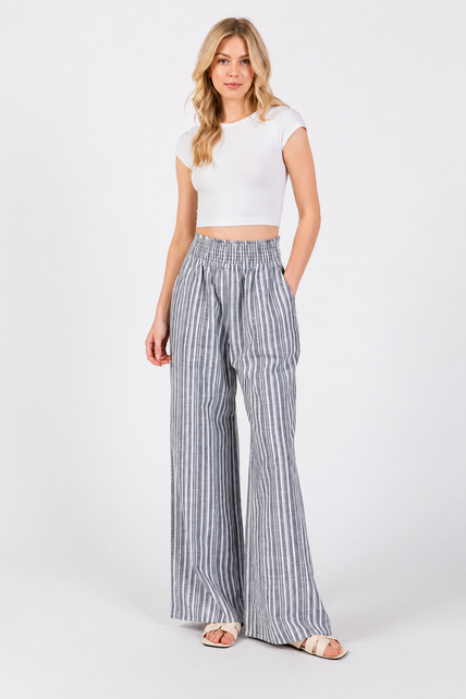 Smocked Waist Wide Leg Pants - Navy