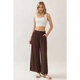 Waist Smocked Wide Leg Pants - Chocolate