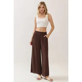 Waist Smocked Wide Leg Pants - Chocolate