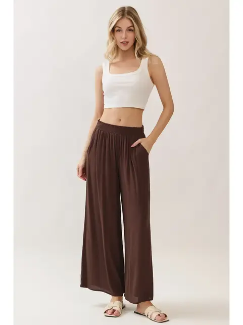 Waist Smocked Wide Leg Pants - Chocolate