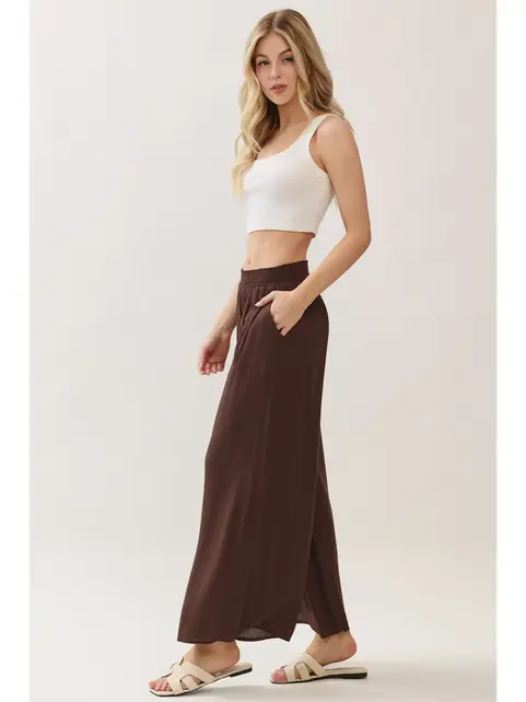Waist Smocked Wide Leg Pants - Chocolate