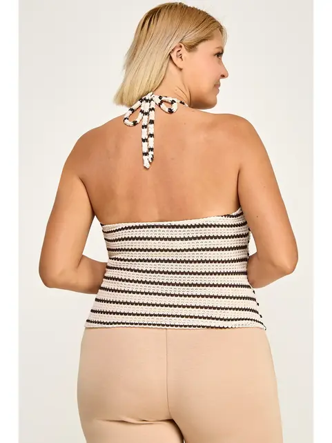 Plus Size Striped Crochet Halter Top - Espresso