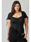 Plus Size Ruched Sweetheart Neck Bodysuit - Black