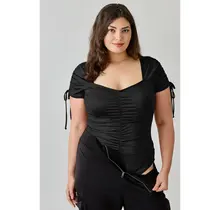 Plus Size Ruched Sweetheart Neck Bodysuit - Black