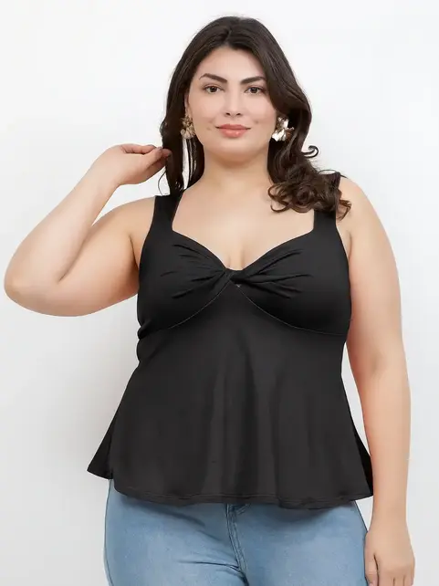 Plus Size Twist Front Peplum Tank Top - Black