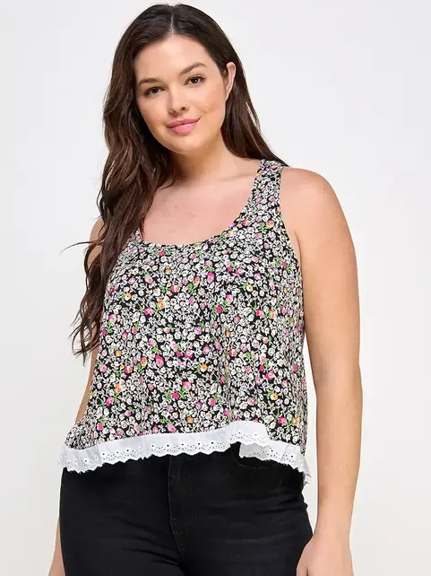 Plus Sleeveless Floral Print Scallop Edge Tank