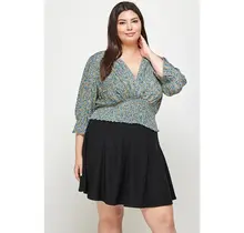 Plus Size Top Floral Print Smocked - Green