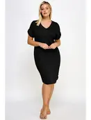 Plus Size Smocked V-Neck Shirt Tail Dress - Black